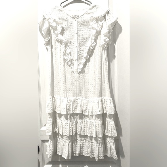 La Vie Rebecca Taylor Off White White Drapey Textured Check Dress w Ruffle Skirt - Picture 2 of 9